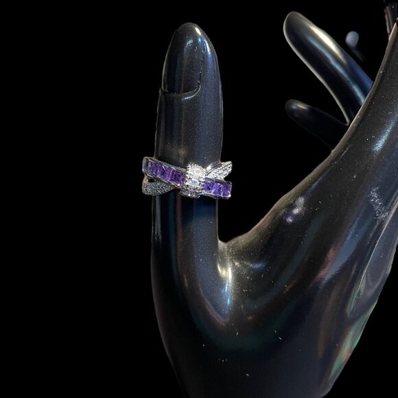 Sterling Silver Amethyst Ring Elegant Crossover Design Retro Gift Size 6 3/4 - Picture 7 of 9